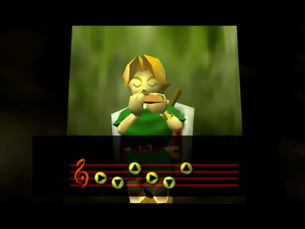Link plays the ocarina with the Sun's Song staff shown on screen Link plays the ocarina with the Sun's Song staff shown on screen