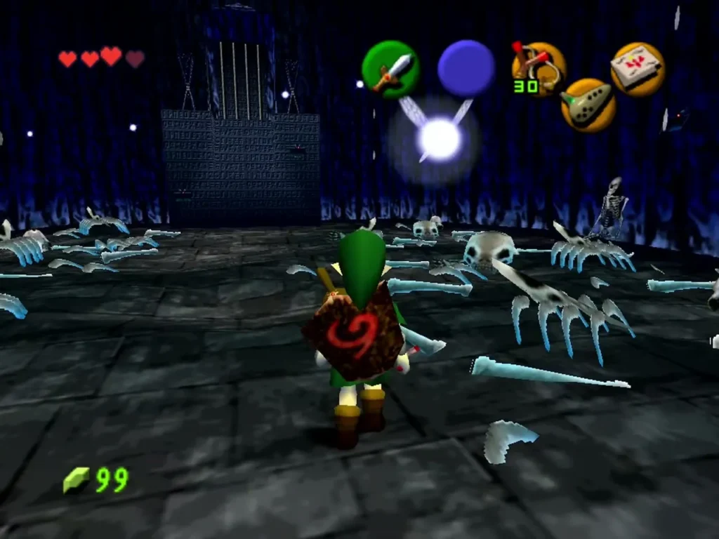 Link standing among bones and a glowing fairy in the Royal Family's Tomb Link standing among bones and a glowing fairy in the Royal Family's Tomb