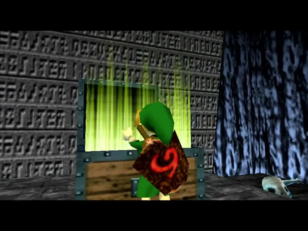 Link opens a wooden treasure chest in a stone tomb chamber with green light Link opens a wooden treasure chest in a stone tomb chamber with green light
