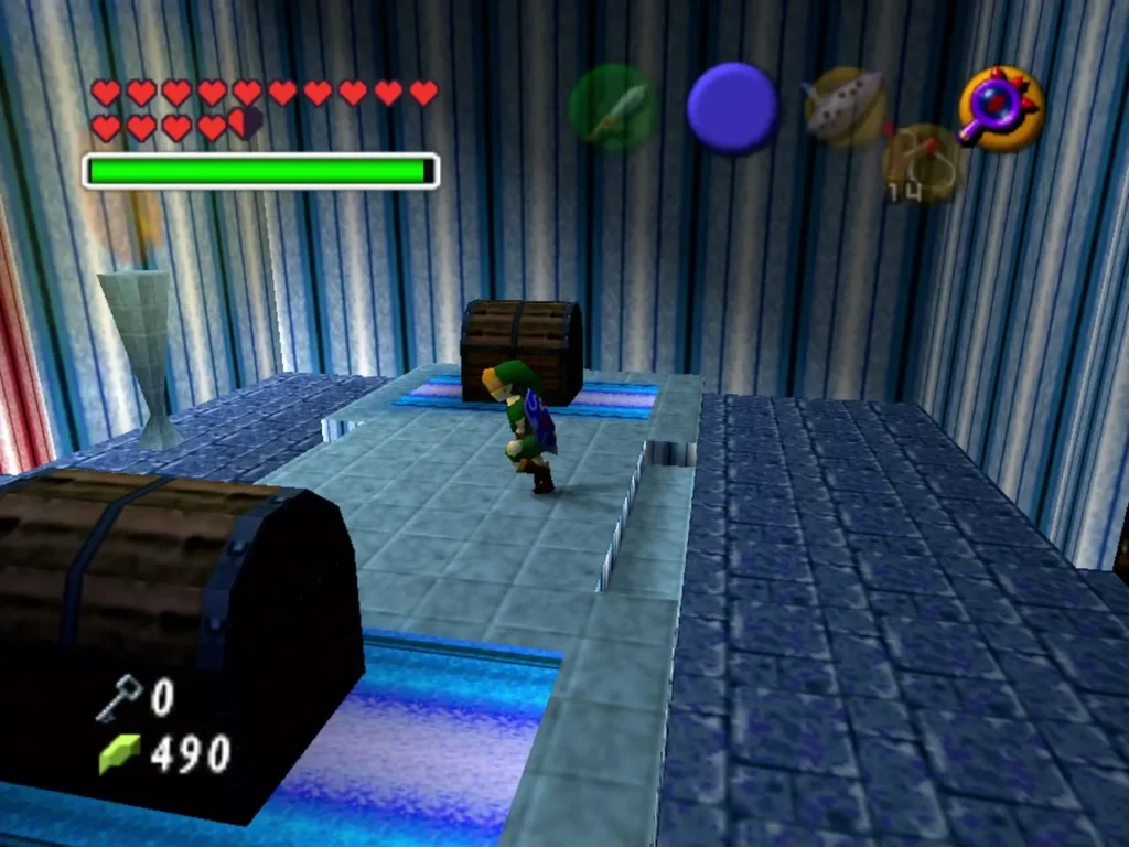 Link in one of the Treasure Chest Shop rooms, with two chests in view Link in one of the Treasure Chest Shop rooms, with two chests in view