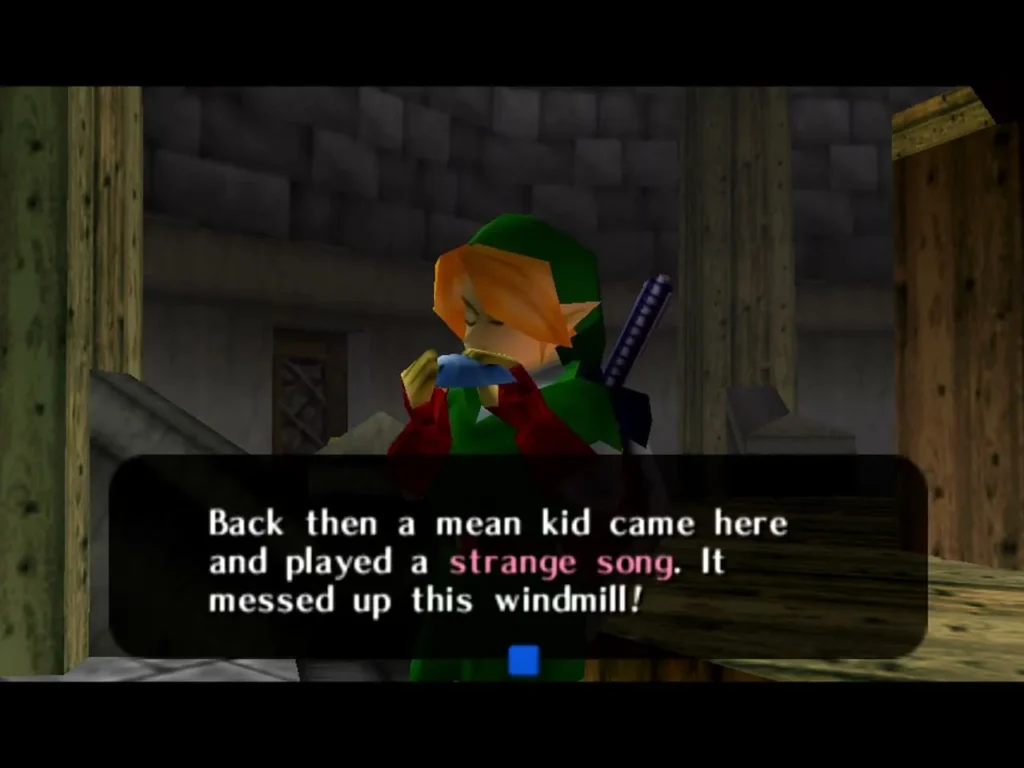 Adult Link with his ocarina in the windmill as the message about a mean kid's strange song appears Adult Link with his ocarina in the windmill as the message about a mean kid's strange song appears