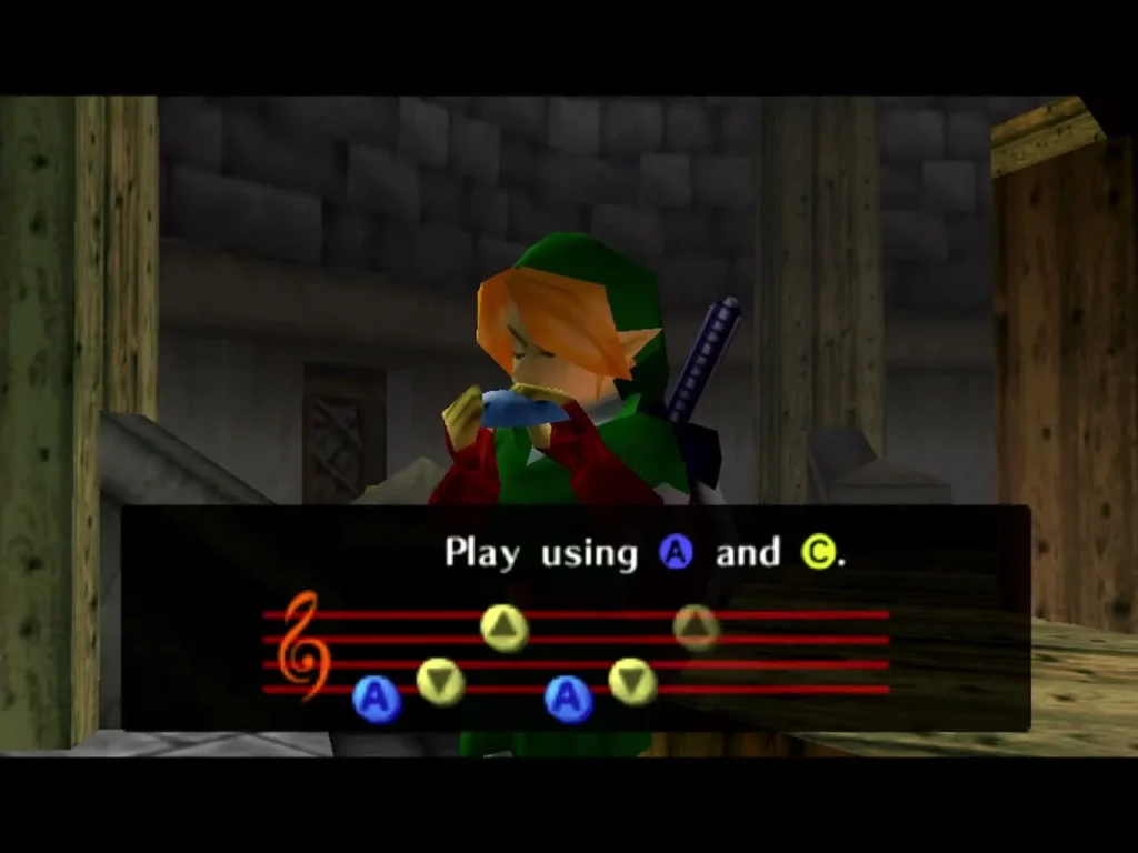 Adult Link playing the Song of Storms notes while the windmill man teaches him Adult Link playing the Song of Storms notes while the windmill man teaches him