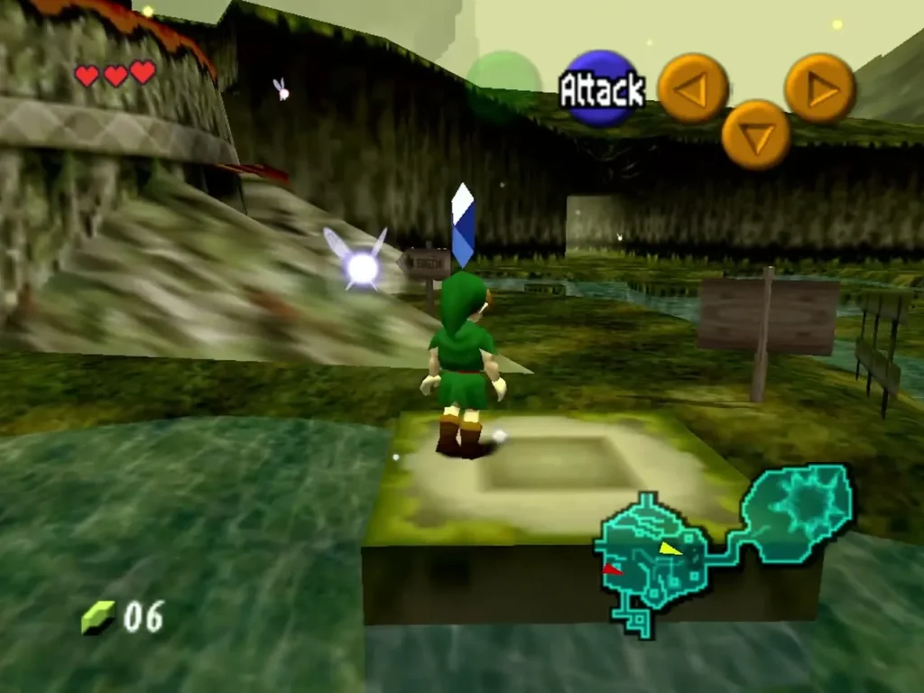 Link on a stone platform in the pond with a blue Rupee above his head Link on a stone platform in the pond with a blue Rupee above his head