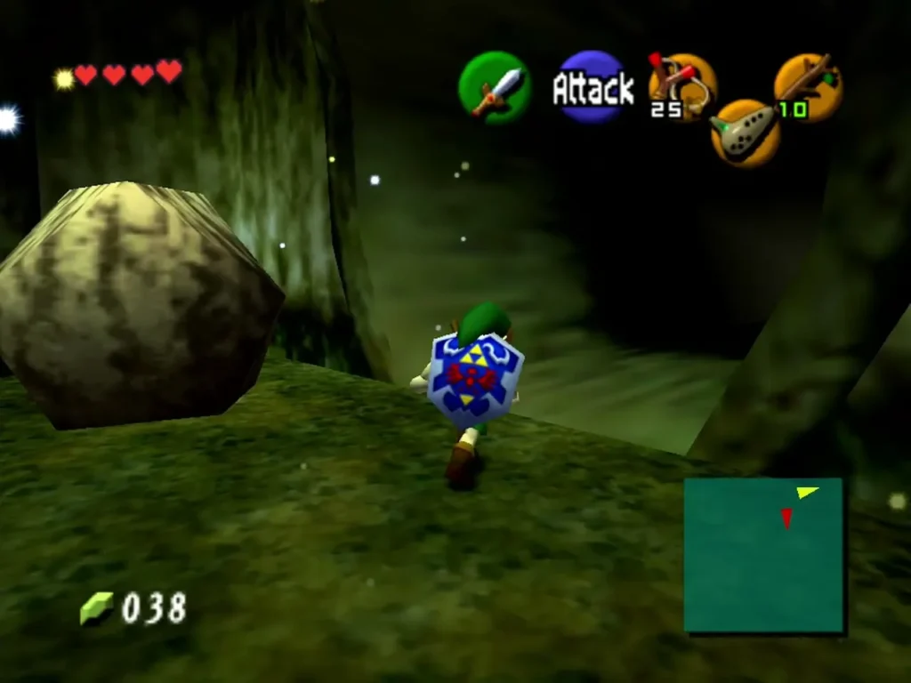 Link beside a large boulder in a Lost Woods room Link beside a large boulder in a Lost Woods room