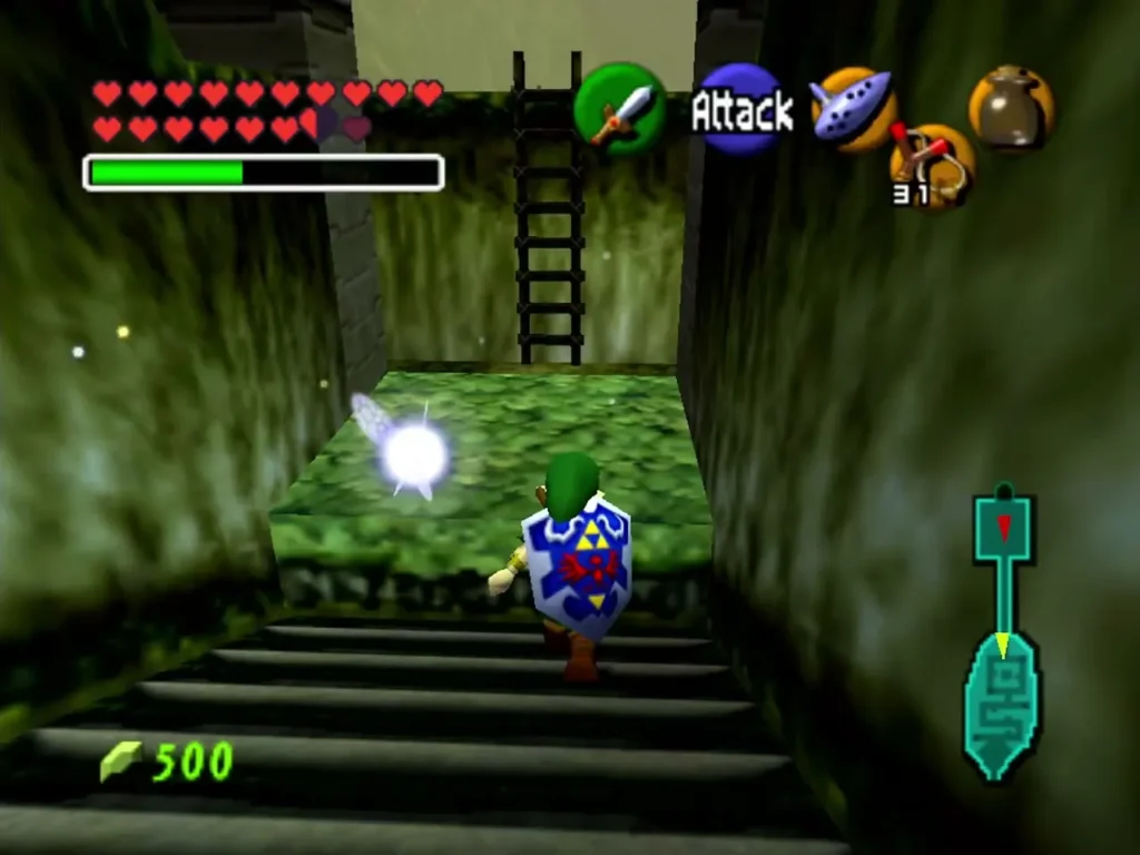 Link walking toward the ladder at the side of the Lost Woods bridge room that leads down to the lower ledge Link walking toward the ladder at the side of the Lost Woods bridge room that leads down to the lower ledge