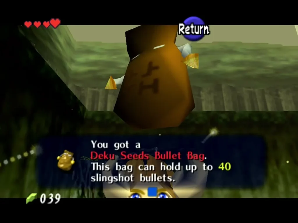 You got a Deku Seeds Bullet Bag message, holding up to 40 slingshot bullets You got a Deku Seeds Bullet Bag message, holding up to 40 slingshot bullets