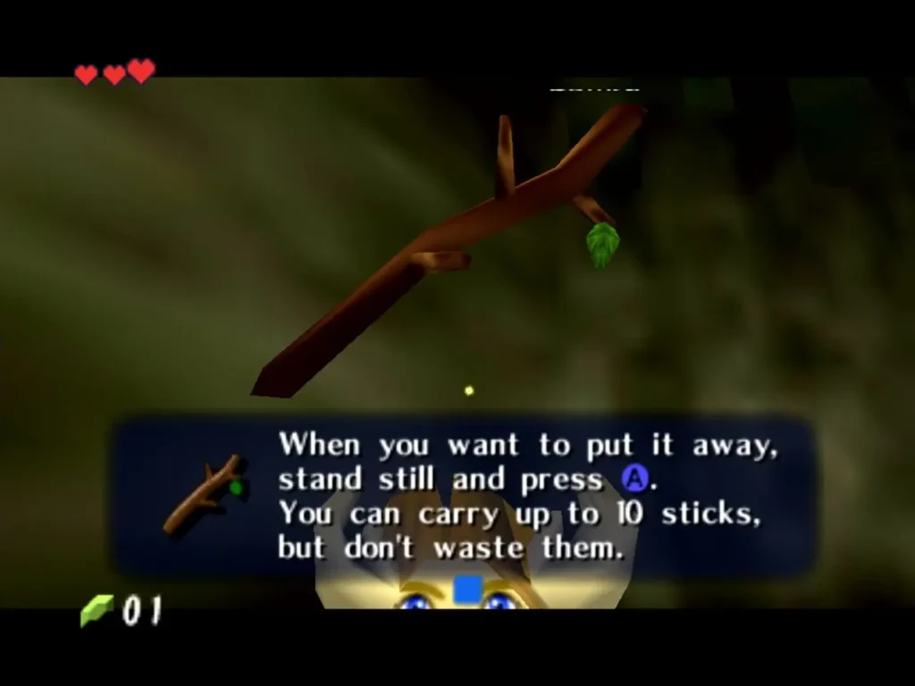 A Deku Stick hanging from a branch, with the item message about carrying up to 10 sticks A Deku Stick hanging from a branch, with the item message about carrying up to 10 sticks