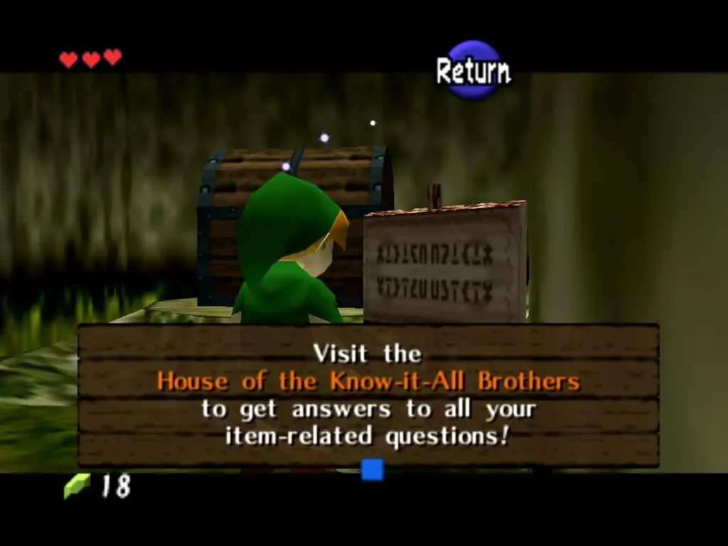 Wooden sign for the House of the Know-It-All Brothers, with Link beside a chest Wooden sign for the House of the Know-It-All Brothers, with Link beside a chest
