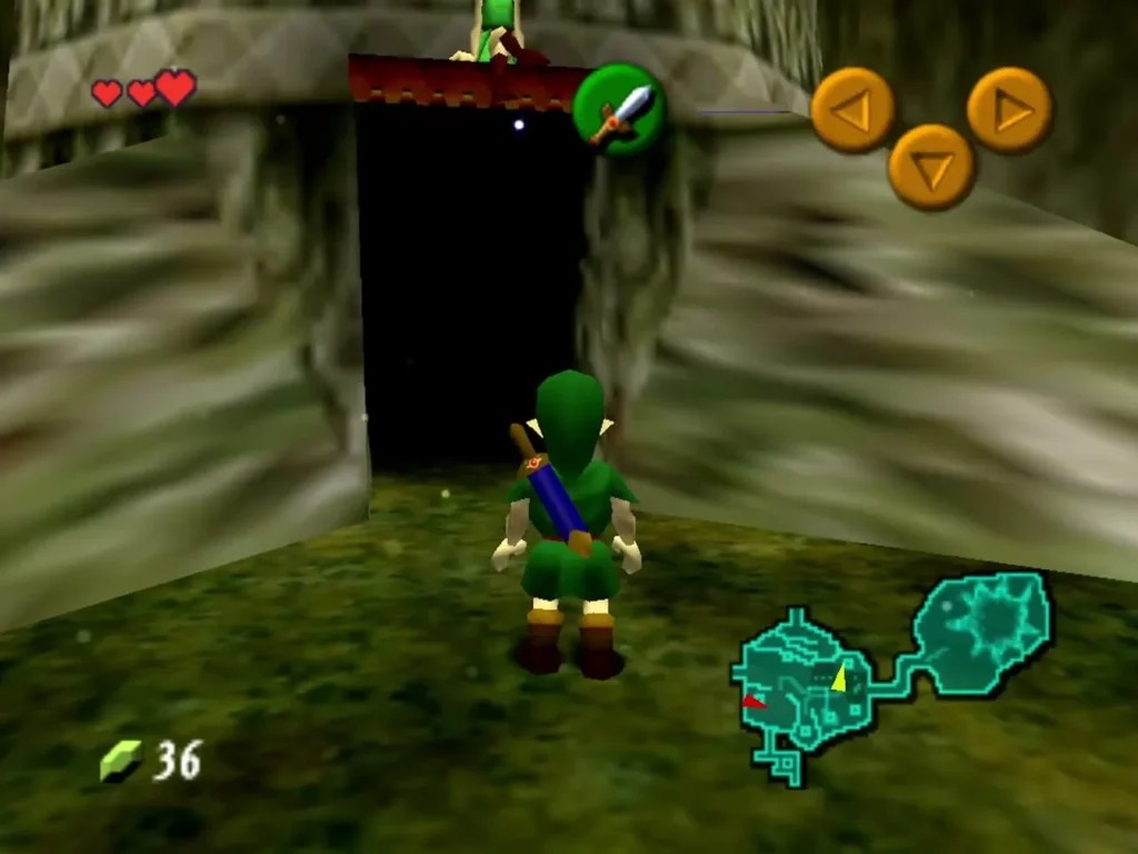 Link stepping through the doorway of a Kokiri house on the upper path Link stepping through the doorway of a Kokiri house on the upper path
