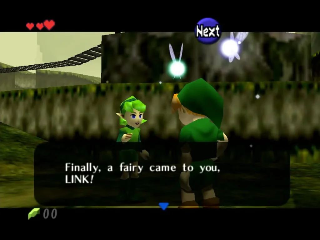 A Kokiri child tells Link a fairy finally came to him, with Navi hovering nearby A Kokiri child tells Link a fairy finally came to him, with Navi hovering nearby
