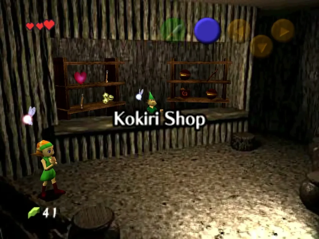 Link inside the Kokiri Shop with the Kokiri Shop name card on screen Link inside the Kokiri Shop with the Kokiri Shop name card on screen