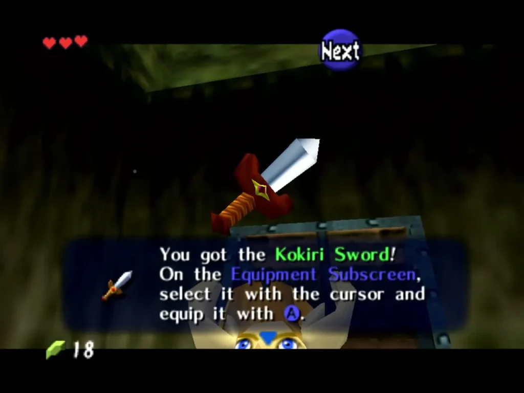 Link holding up the Kokiri Sword with the You got the Kokiri Sword box on screen Link holding up the Kokiri Sword with the You got the Kokiri Sword box on screen