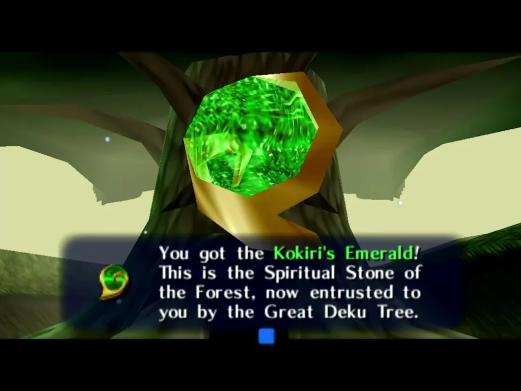 Kokiris Emerald from the Great Deku Tree with the item message fully shown Kokiris Emerald from the Great Deku Tree with the item message fully shown