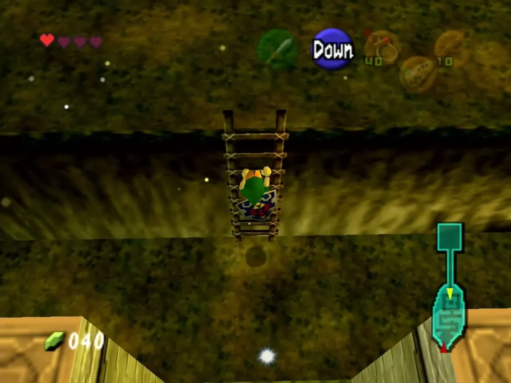 Link climbing a wooden ladder in the mossy maze near the start of Kokiri Forest Link climbing a wooden ladder in the mossy maze near the start of Kokiri Forest