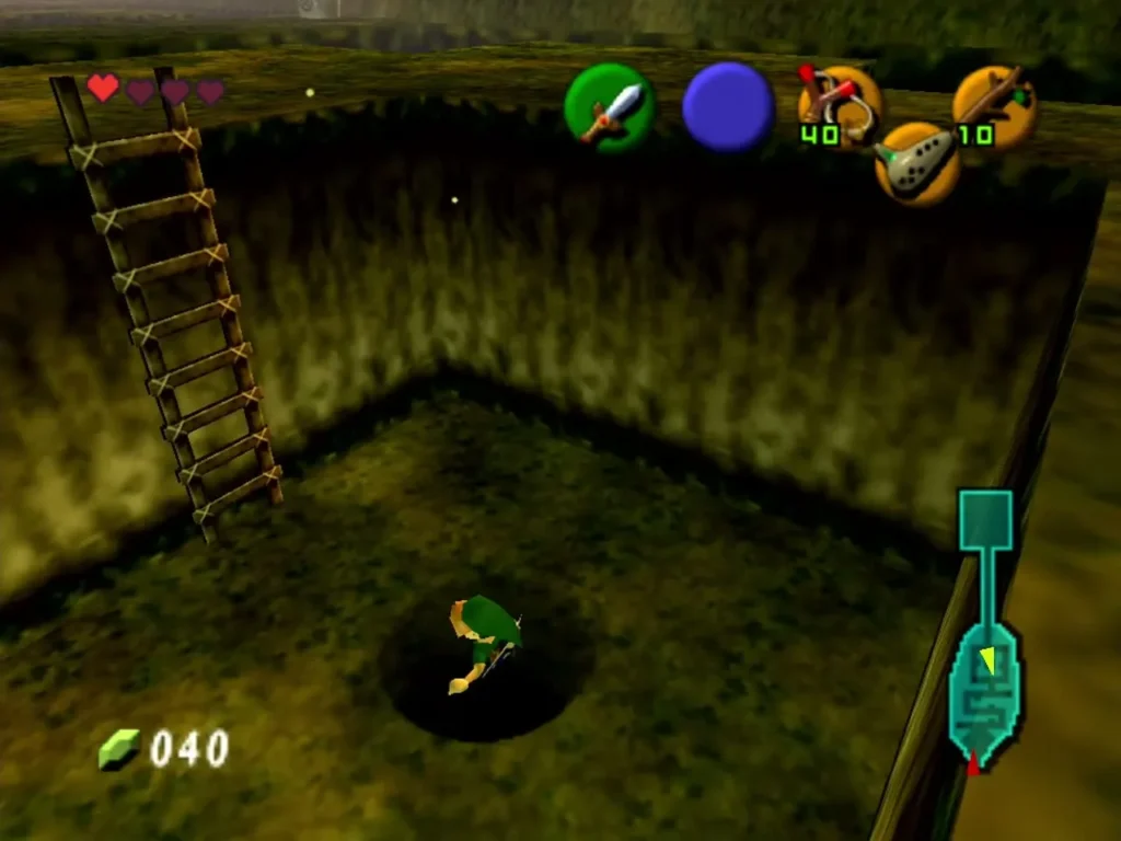 Link standing inside a round hole in the grassy platform at the top of the ladder Link standing inside a round hole in the grassy platform at the top of the ladder