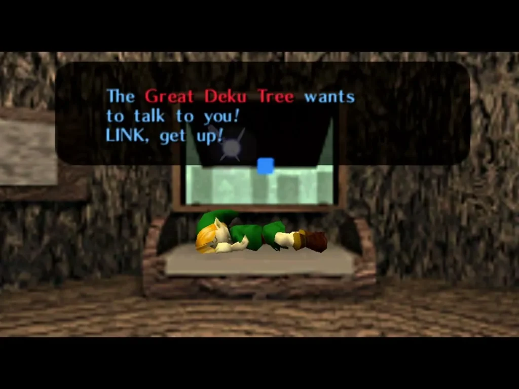 Link lying in his tree house bed while a message says the Great Deku Tree wants to talk Link lying in his tree house bed while a message says the Great Deku Tree wants to talk