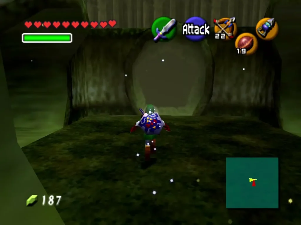 Link standing in a Lost Woods room facing a round exit at the back Link standing in a Lost Woods room facing a round exit at the back