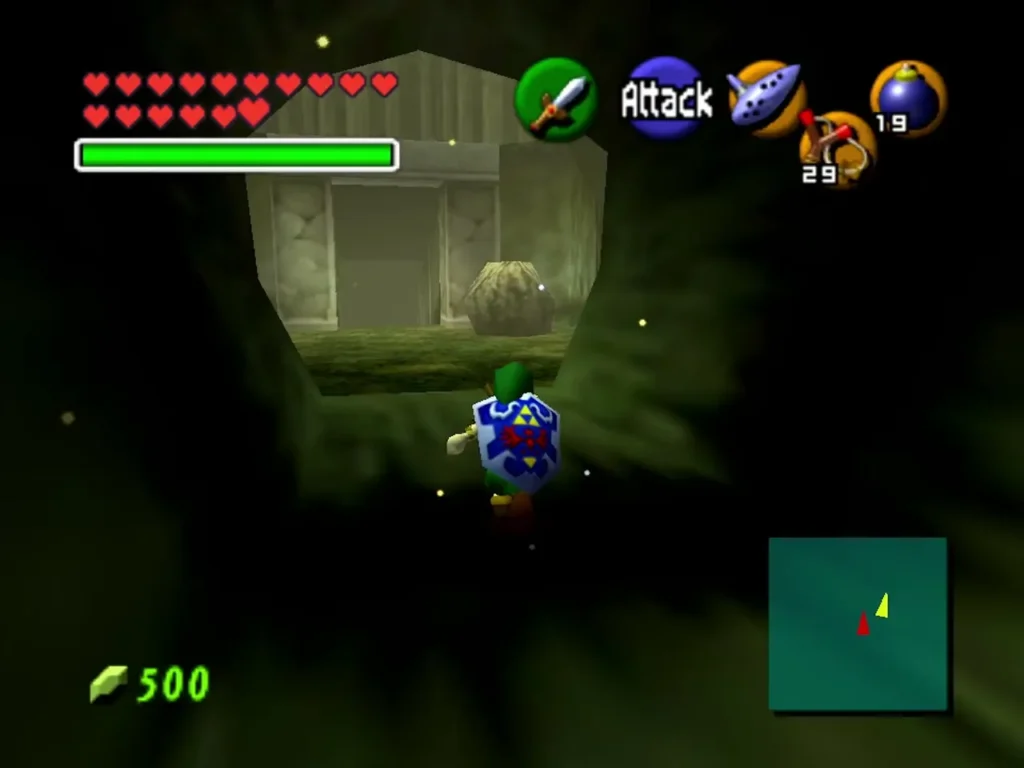 Link at the entrance of the last Lost Woods room before the meadow, with a large boulder against the far wall Link at the entrance of the last Lost Woods room before the meadow, with a large boulder against the far wall