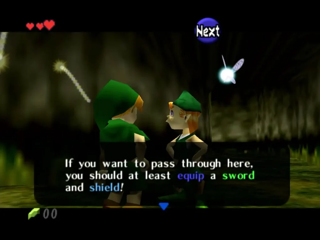 Mido telling Link he must equip a sword and shield to pass through the forest Mido telling Link he must equip a sword and shield to pass through the forest