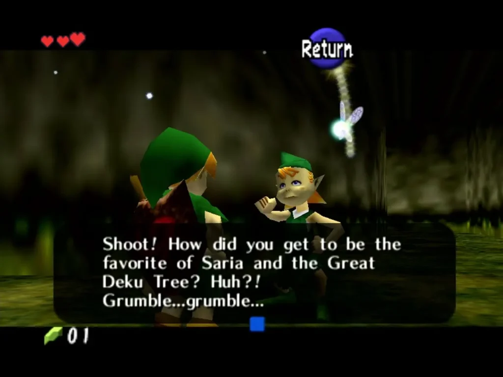 Mido grumbling at Link at the Kokiri gate Mido grumbling at Link at the Kokiri gate