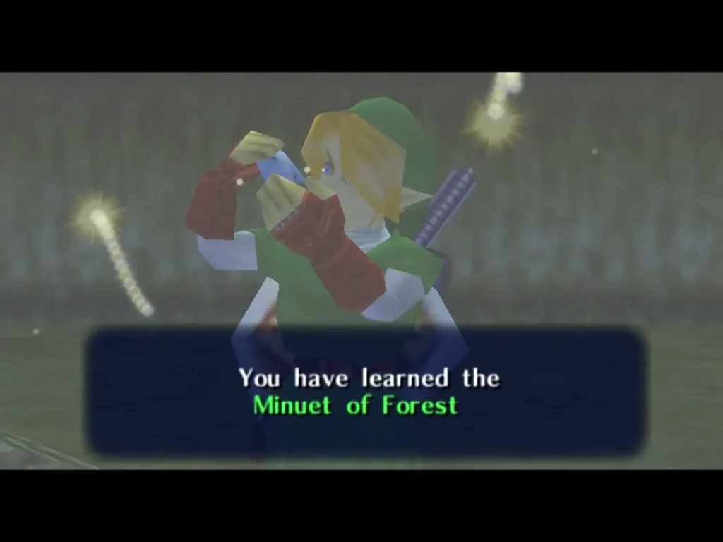 Link holding his ocarina after the message You have learned the Minuet of Forest Link holding his ocarina after the message You have learned the Minuet of Forest