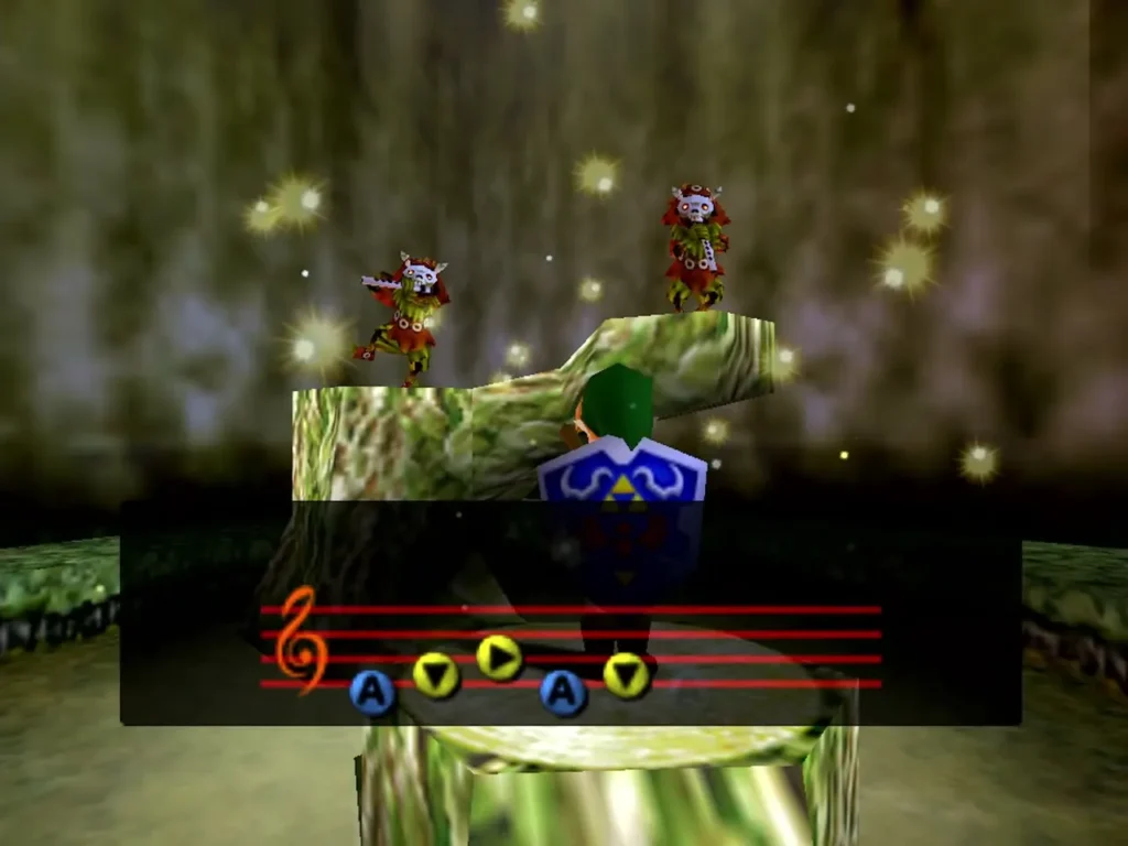 Link playing the Ocarina on a stump while two Skull Kids dance to the tune Link playing the Ocarina on a stump while two Skull Kids dance to the tune