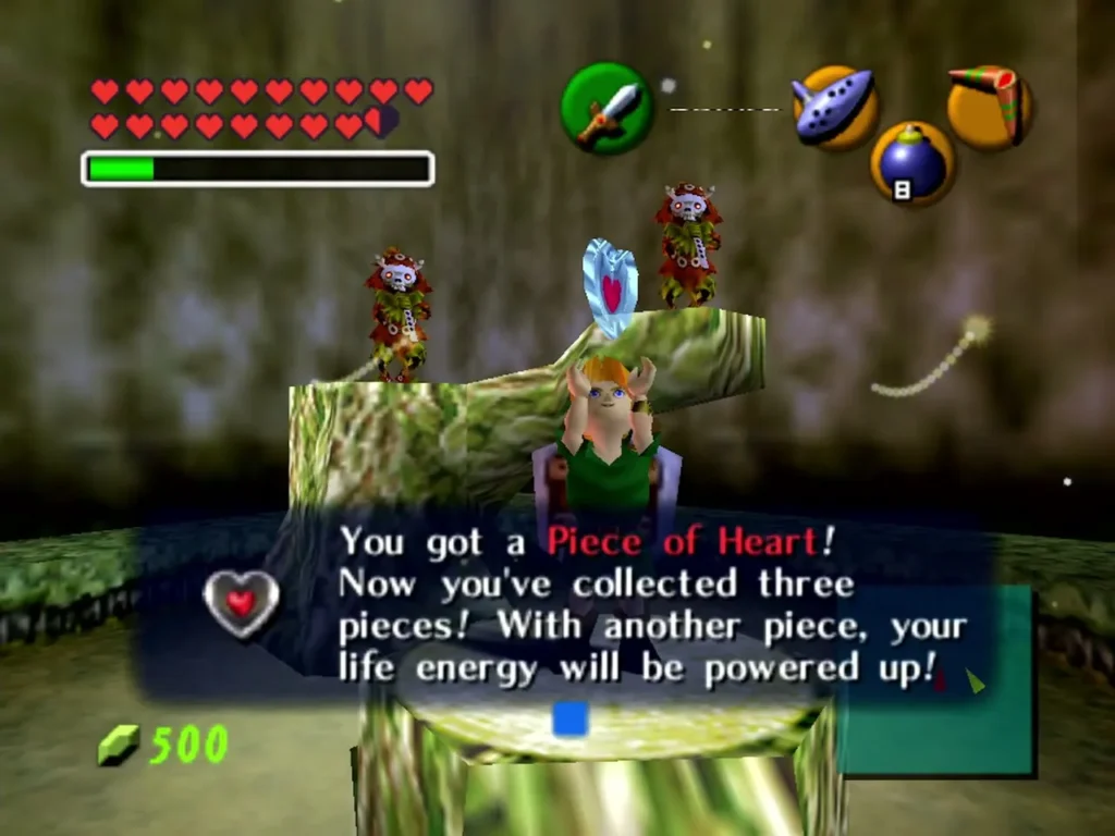 Link holds up a Piece of Heart after the Skull Kids' ocarina tune Link holds up a Piece of Heart after the Skull Kids' ocarina tune