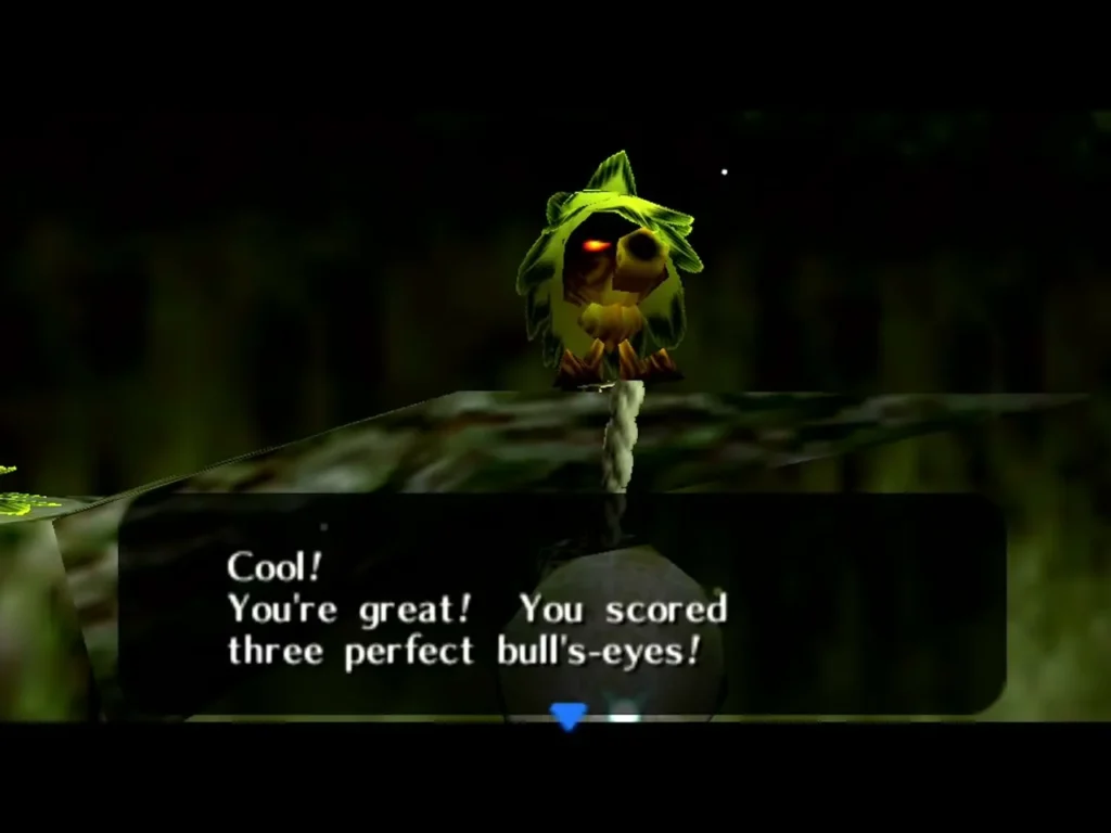 Deku Scrub praising Link after three perfect bull's-eyes Deku Scrub praising Link after three perfect bull's-eyes