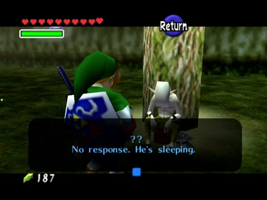Skull Kid asleep on a stump in the Lost Woods, with the sleeping message shown Skull Kid asleep on a stump in the Lost Woods, with the sleeping message shown