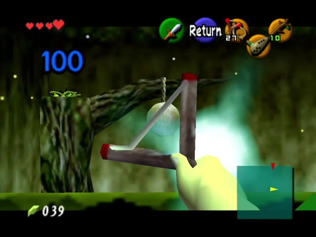 Link aiming the Fairy Slingshot at the wooden target and scoring 100 points Link aiming the Fairy Slingshot at the wooden target and scoring 100 points