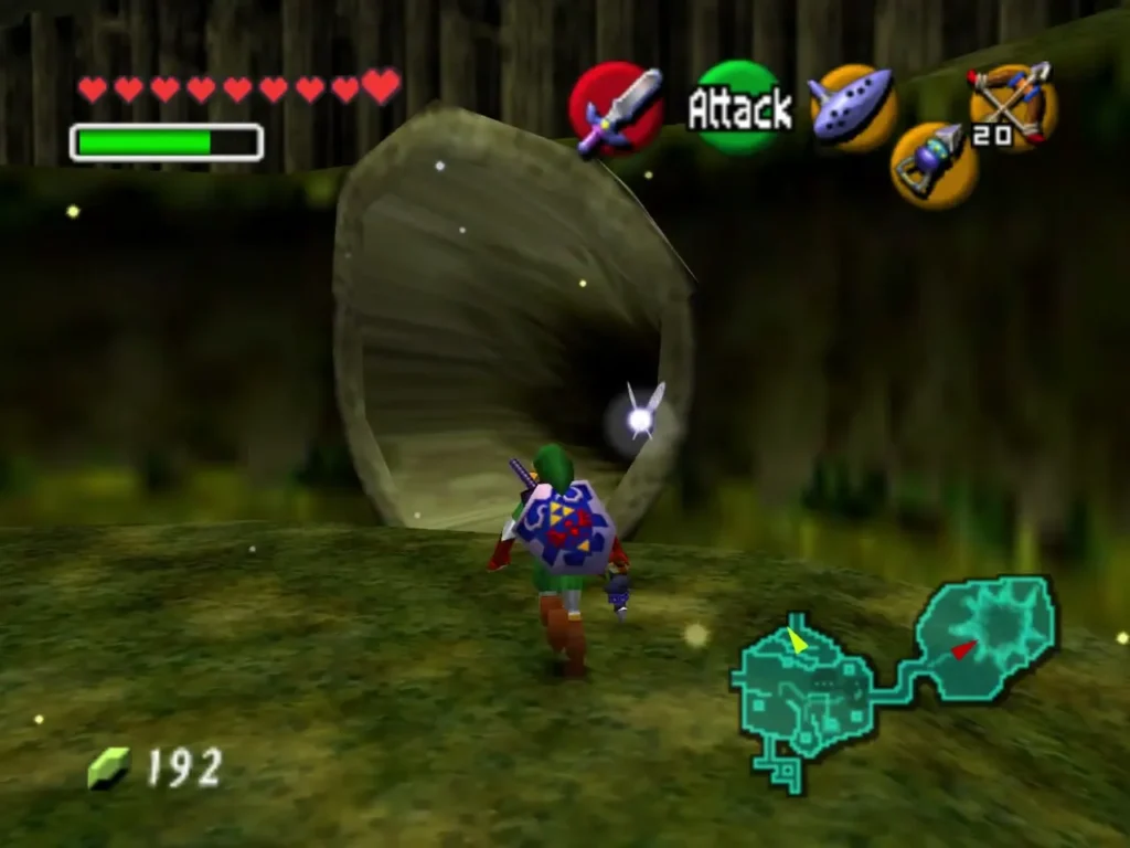 Adult Link running toward a hollow log tunnel in the Lost Woods Adult Link running toward a hollow log tunnel in the Lost Woods