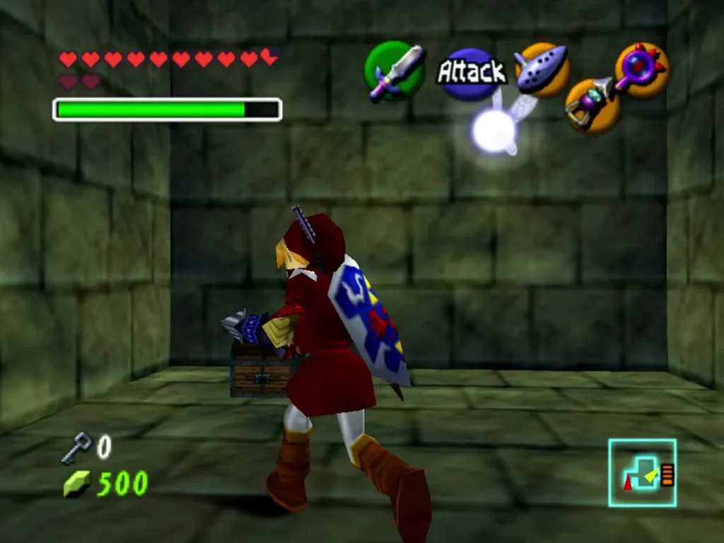Link with shield beside a wooden chest in a barred stone room of the Shadow Temple Link with shield beside a wooden chest in a barred stone room of the Shadow Temple