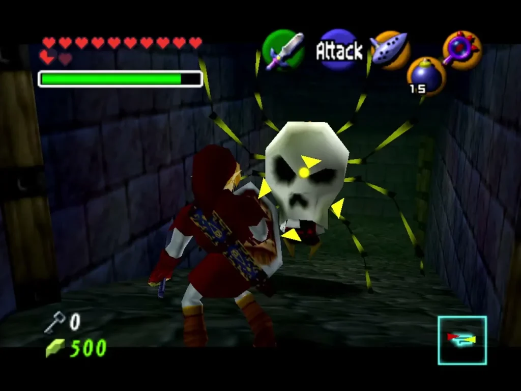 Link with shield and sword facing a Big Skulltula on the ramp Link with shield and sword facing a Big Skulltula on the ramp