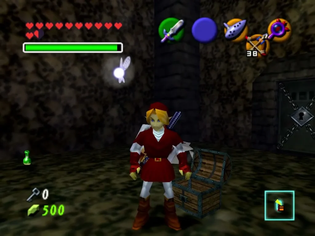 Link beside a wooden chest of Bombs next to a locked door in Shadow Temple Link beside a wooden chest of Bombs next to a locked door in Shadow Temple