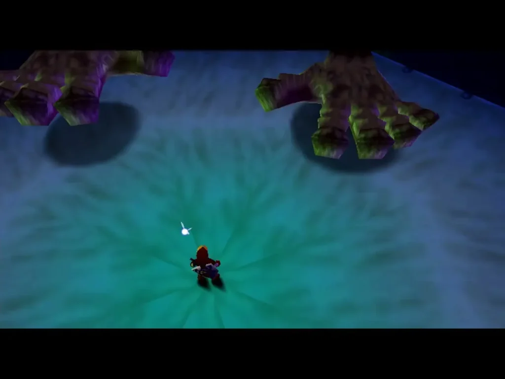 Link in the Bongo Bongo arena beneath two floating hands Link in the Bongo Bongo arena beneath two floating hands