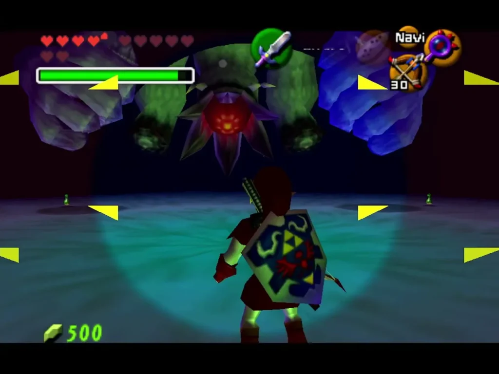 Bongo Bongo's body with its red eye open as Link faces it with shield raised Bongo Bongo's body with its red eye open as Link faces it with shield raised