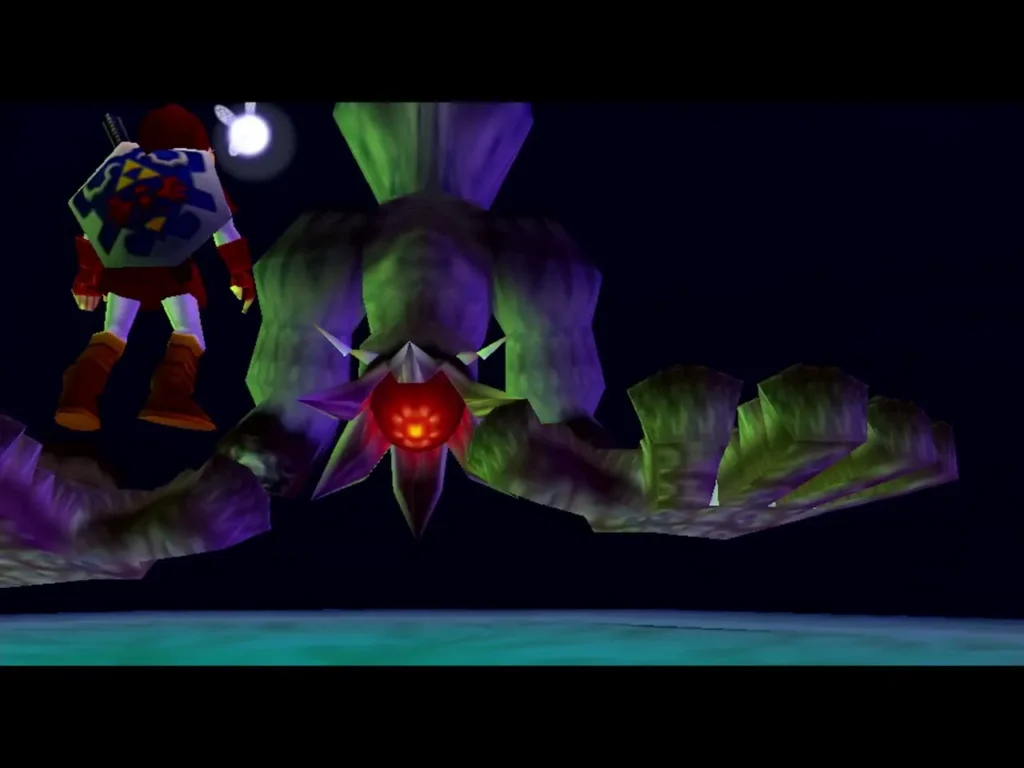 Bongo Bongo's glowing red head beside Link at the arena edge Bongo Bongo's glowing red head beside Link at the arena edge
