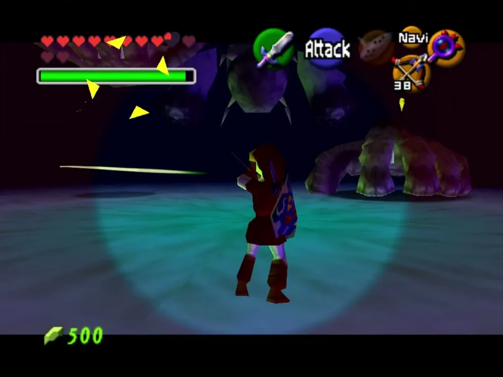 Link firing the Fairy Bow at one of Bongo Bongo's hands in the boss room Link firing the Fairy Bow at one of Bongo Bongo's hands in the boss room