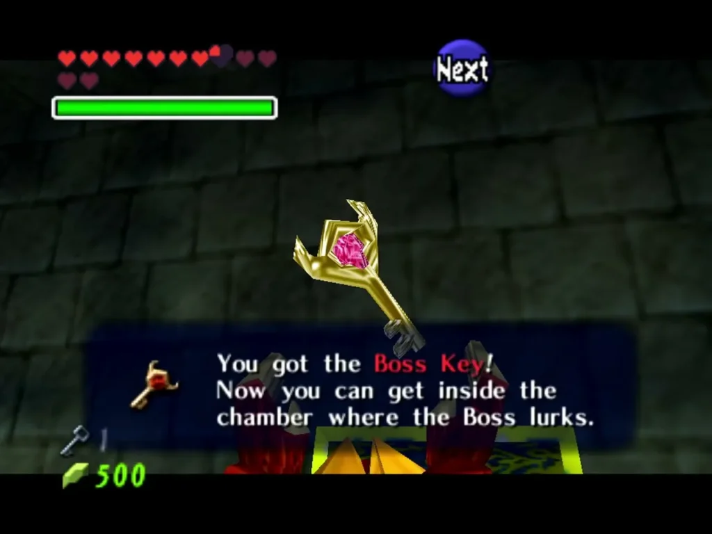 Link holding up the Boss Key with its name box Link holding up the Boss Key with its name box