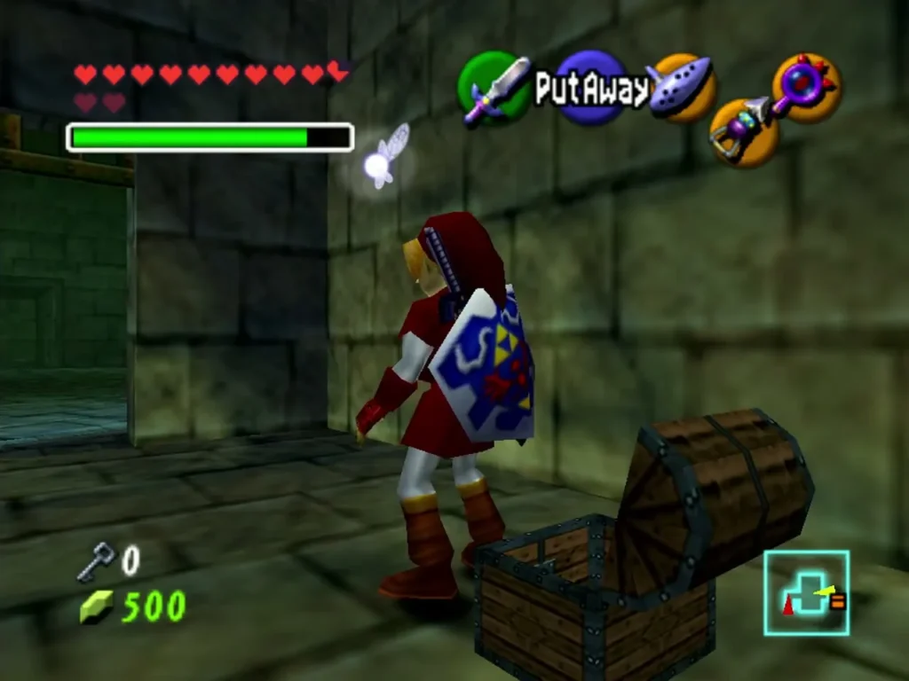 Link beside an open treasure chest with a fairy hovering nearby in the Shadow Temple Link beside an open treasure chest with a fairy hovering nearby in the Shadow Temple