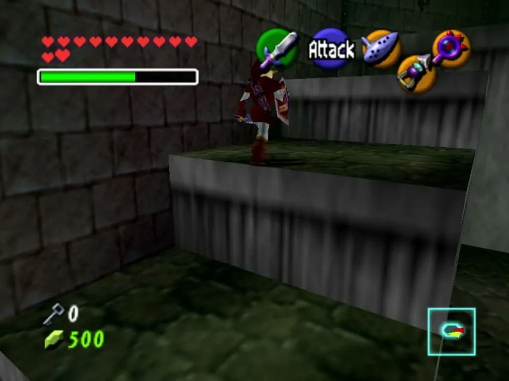 Link standing on a stone ledge in the Shadow Temple room Link standing on a stone ledge in the Shadow Temple room