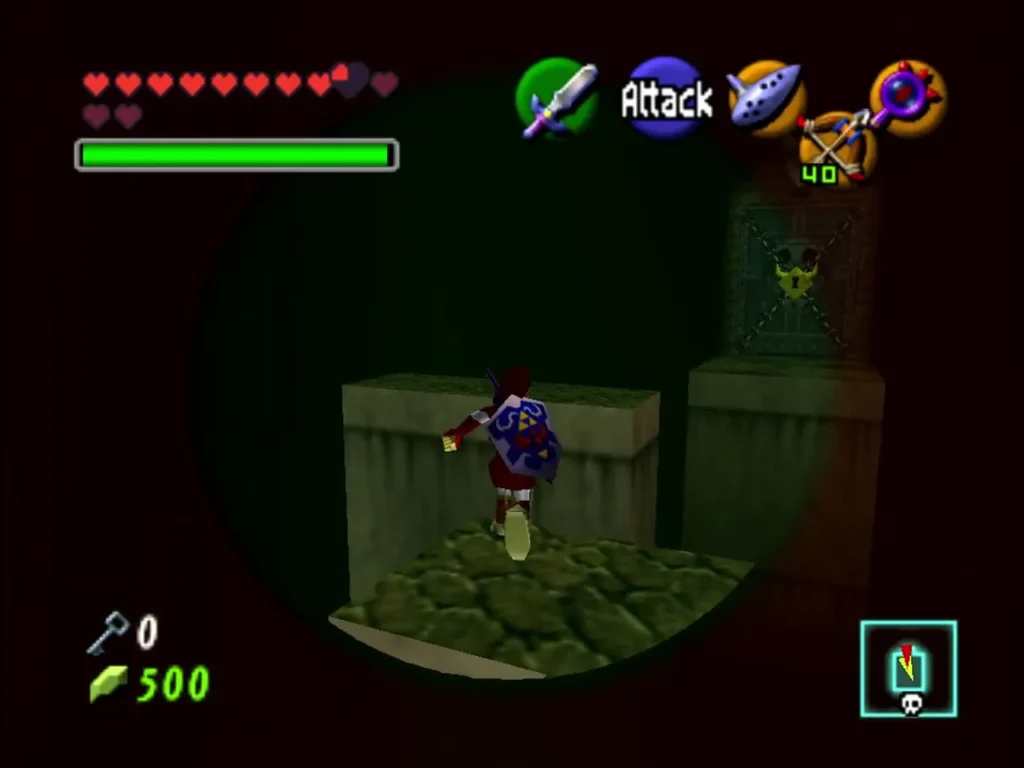 Link in a dark room, Lens circle revealing the boss door Link in a dark room, Lens circle revealing the boss door