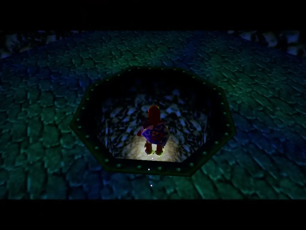 Link dropping through a round hole toward the boss arena Link dropping through a round hole toward the boss arena