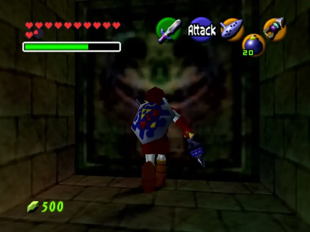 Link walking straight into a dark wall with a ghostly face in the Shadow Temple Link walking straight into a dark wall with a ghostly face in the Shadow Temple