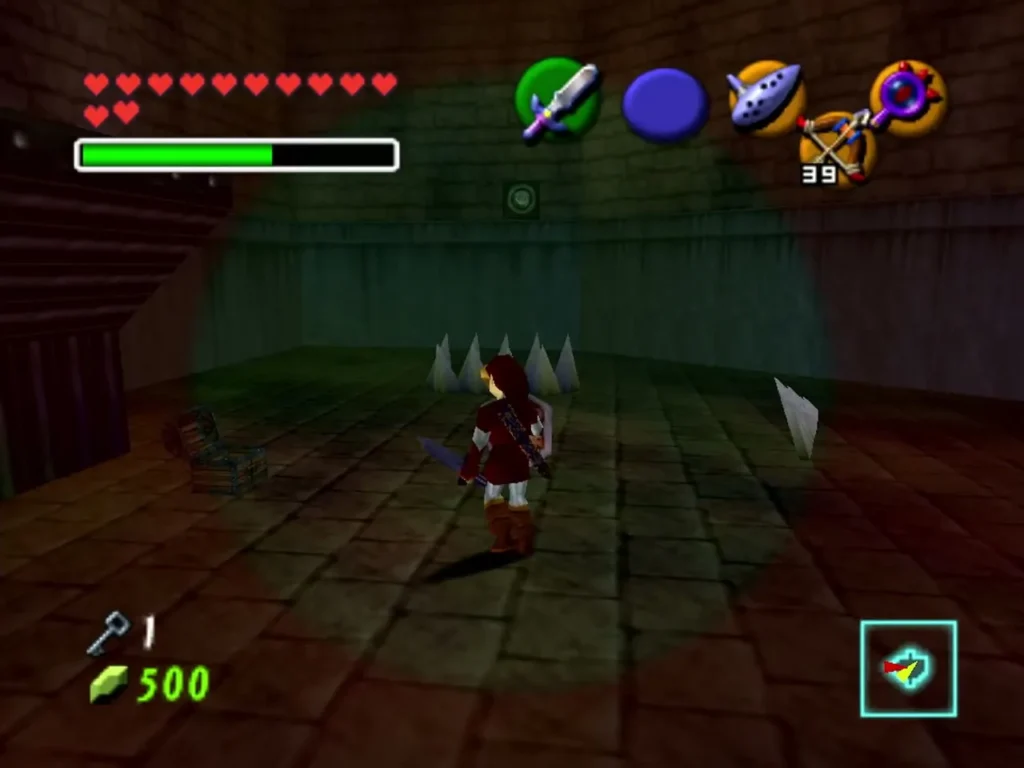 Link in the Fan Corridor standing among spike traps on the floor Link in the Fan Corridor standing among spike traps on the floor