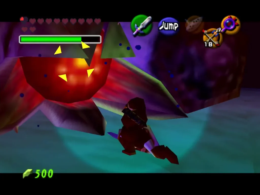 Link landing a final sword hit on Bongo Bongo's red eye in the Shadow Temple Link landing a final sword hit on Bongo Bongo's red eye in the Shadow Temple