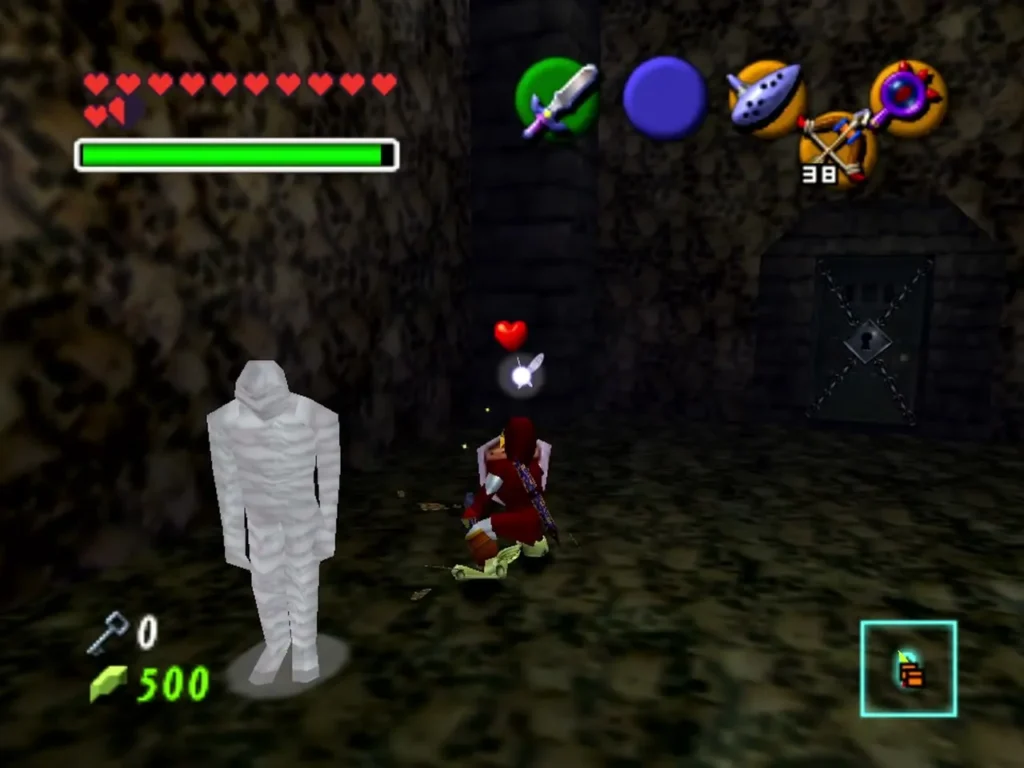 Link in a temple room with a Gibdo approaching after the Sun's Song Link in a temple room with a Gibdo approaching after the Sun's Song