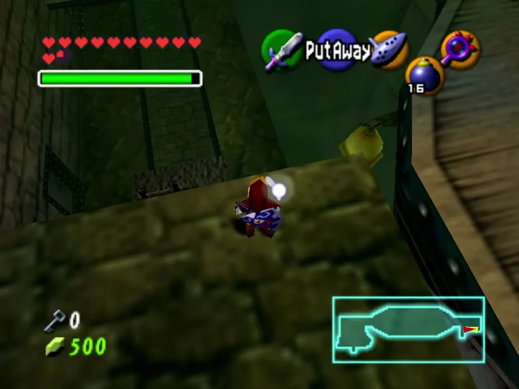 Link on the boat ledge with a Gold Skulltula high on the wall in Shadow Temple Link on the boat ledge with a Gold Skulltula high on the wall in Shadow Temple