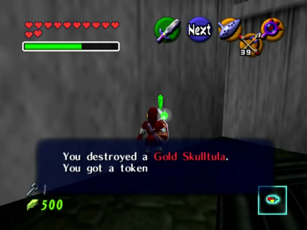 Link beside the wall after destroying a Gold Skulltula, with its token message box shown Link beside the wall after destroying a Gold Skulltula, with its token message box shown