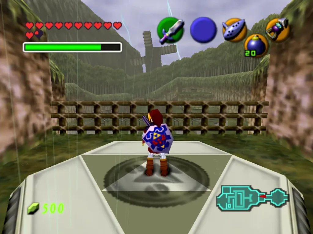 Link on the raised graveyard warp pad in the rain with a wooden fence ahead Link on the raised graveyard warp pad in the rain with a wooden fence ahead